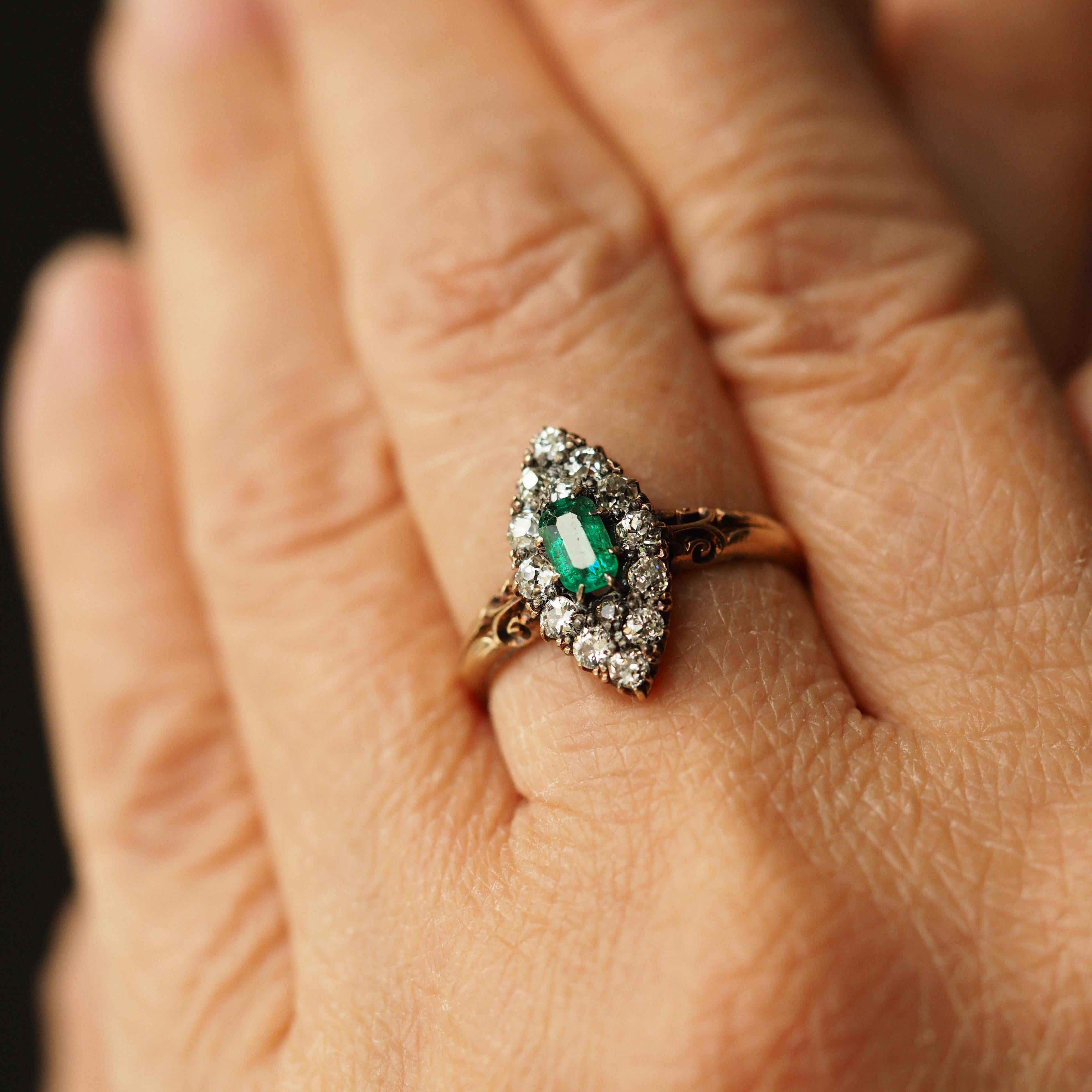 Antique Emerald & Diamond Navette Ring 18K Gold - Victorian c.1880 For Sale 2