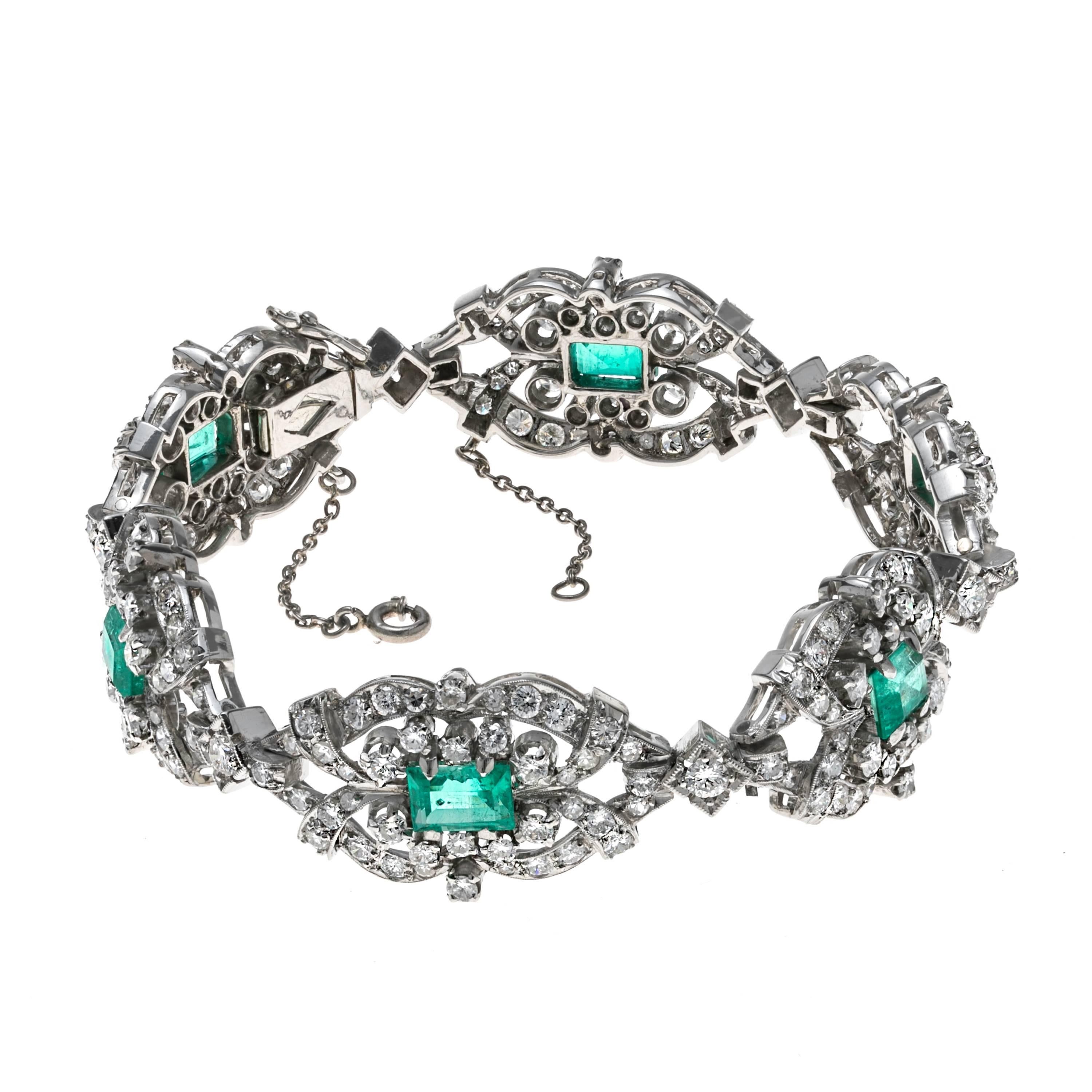 Antique Emerald and Diamond Platinum Bracelet.   Comprised of Six links of medallions featuring six Colombian Emeralds, each weighing approximately 0.85 to 1.25 Ct. each.  Emeralds are beautiful transparent true green.  Set in Platinum. Total of