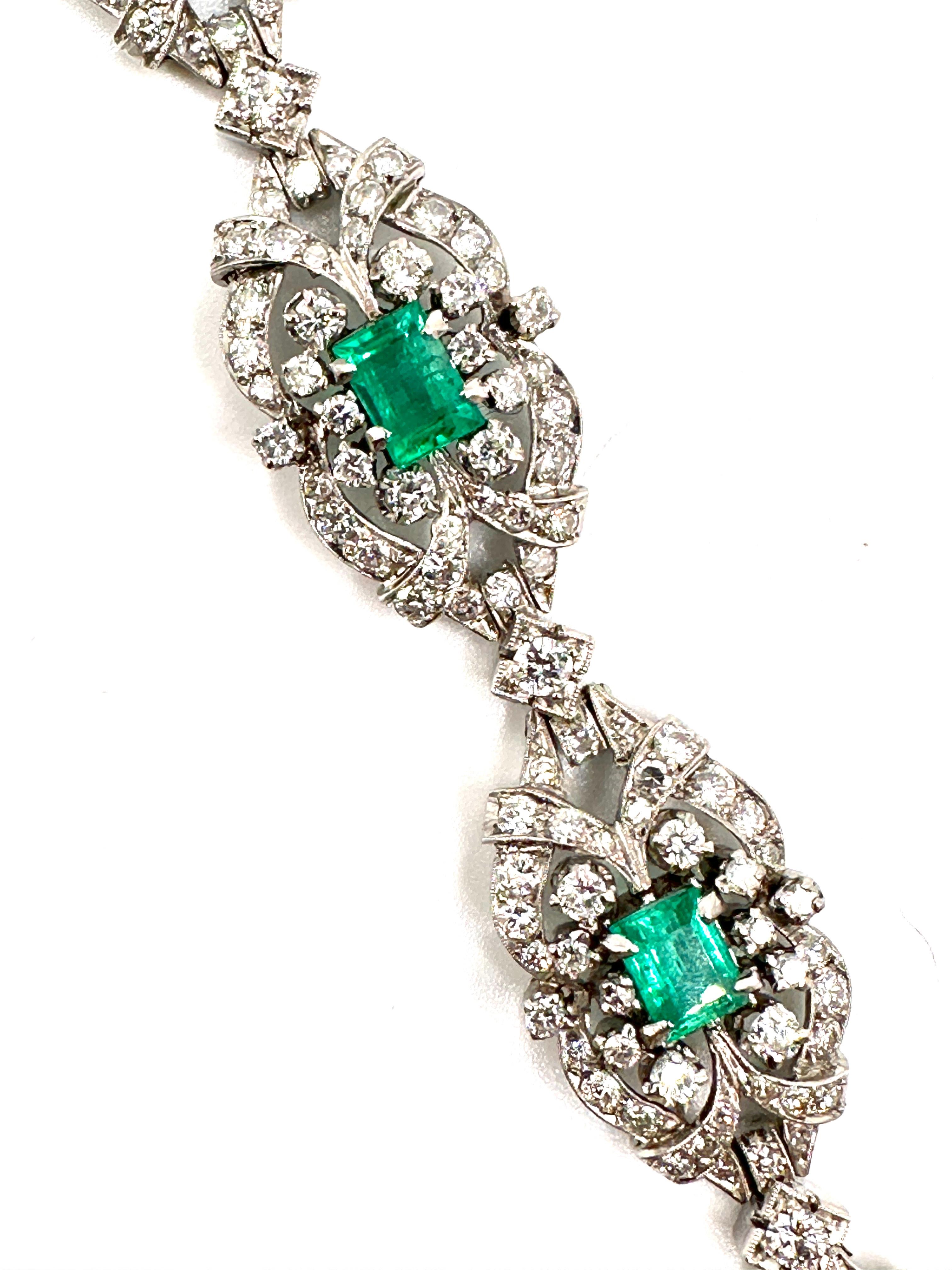 Antique Emerald Diamond Platinum Bracelet In Good Condition For Sale In Summerland, CA
