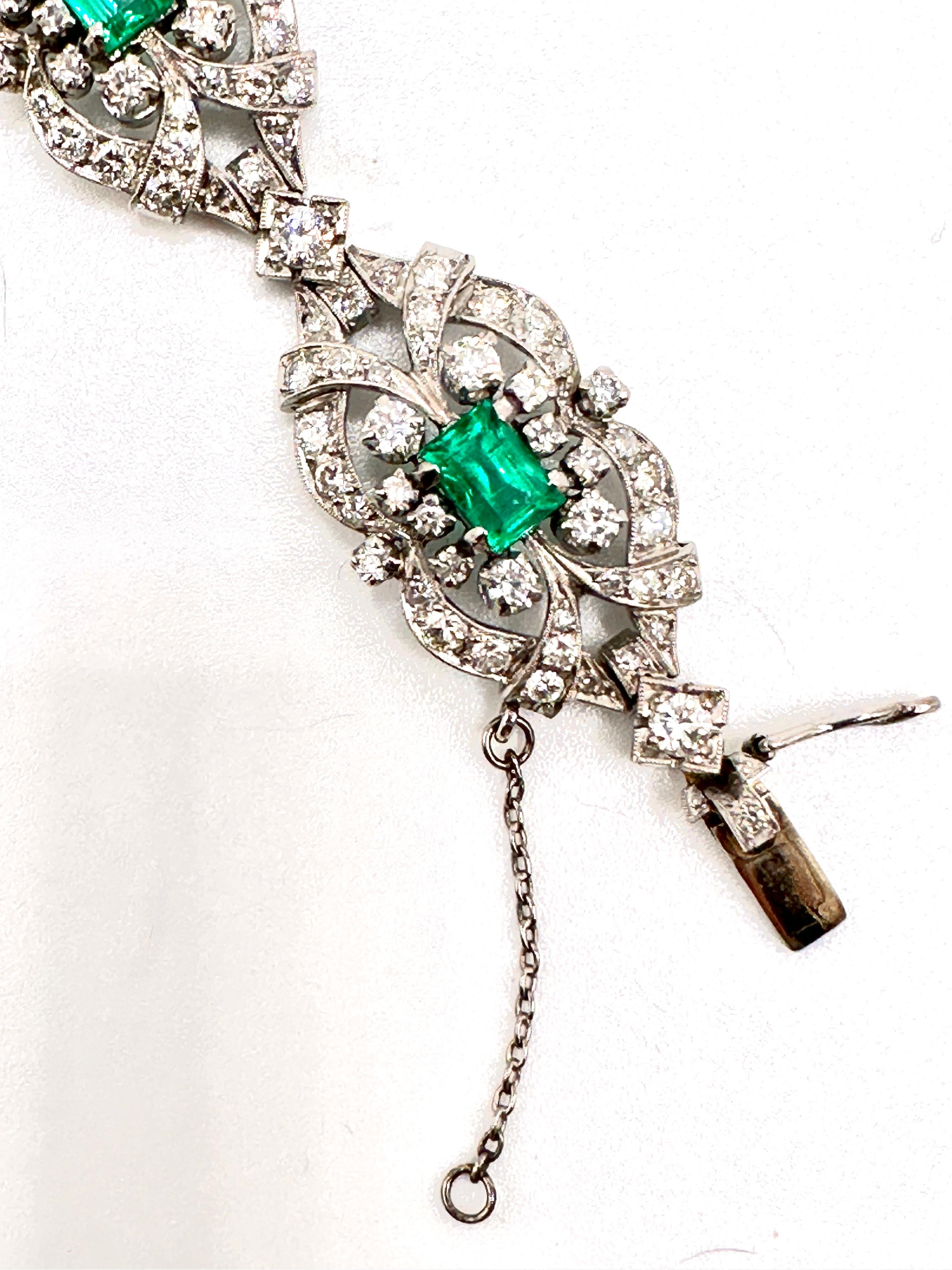 Women's Antique Emerald Diamond Platinum Bracelet For Sale