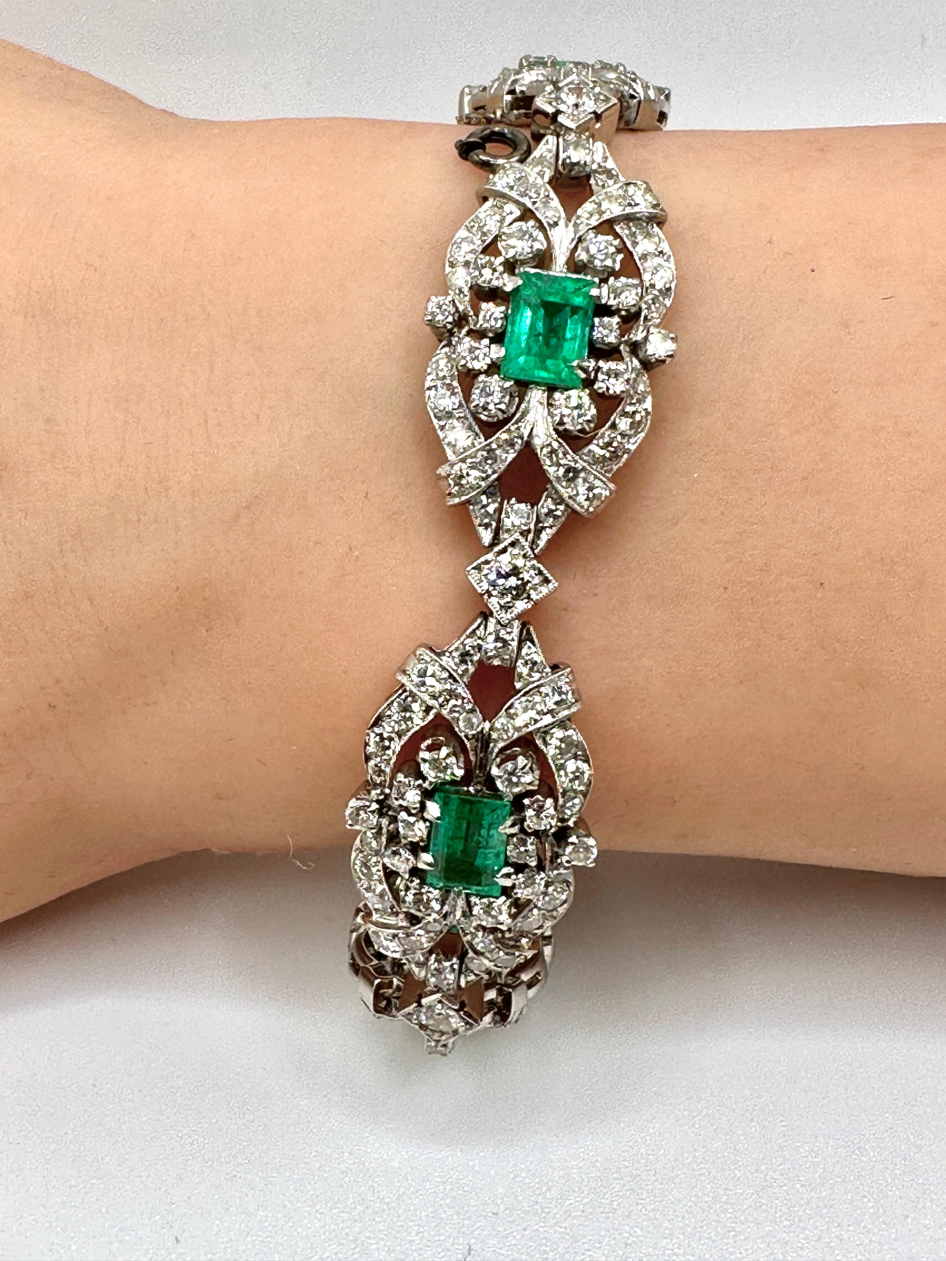Antique Emerald Diamond Platinum Bracelet For Sale 1