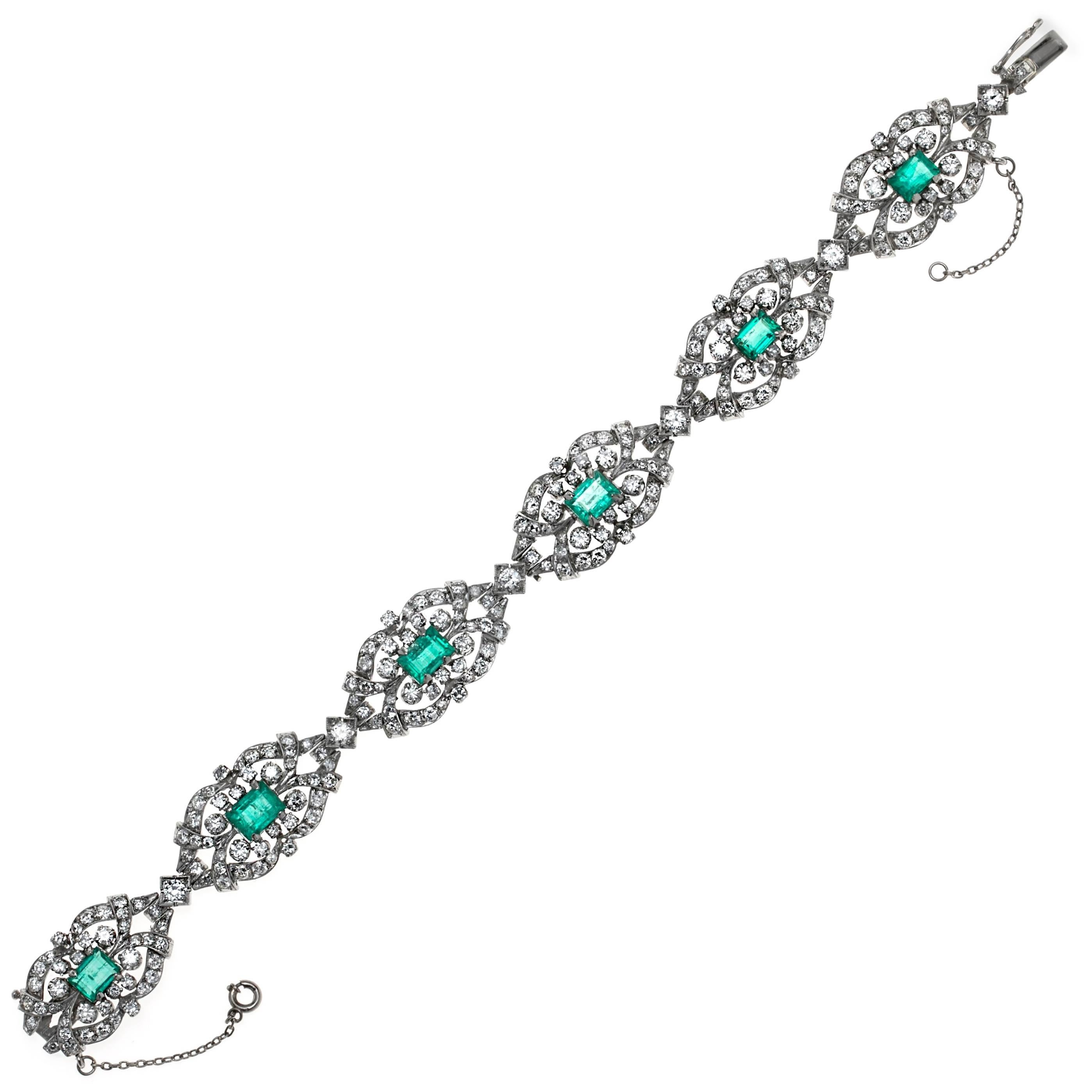 Antique Emerald Diamond Platinum Bracelet For Sale