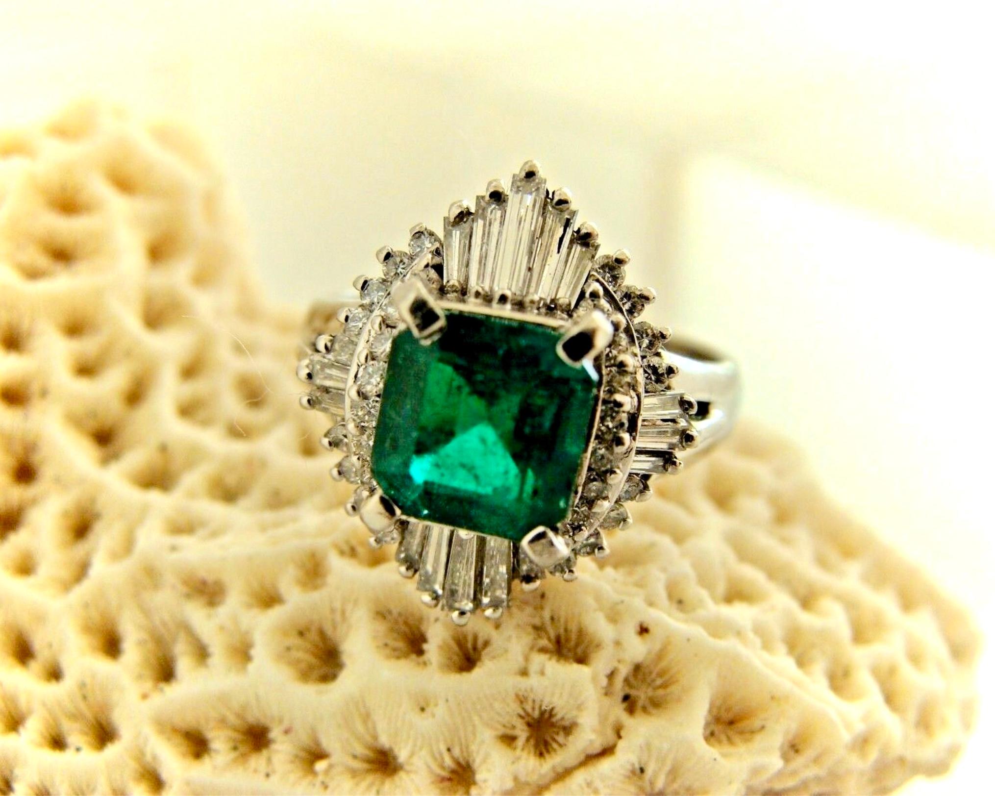 Antique Emerald Diamond Platinum Engagement Ring 1