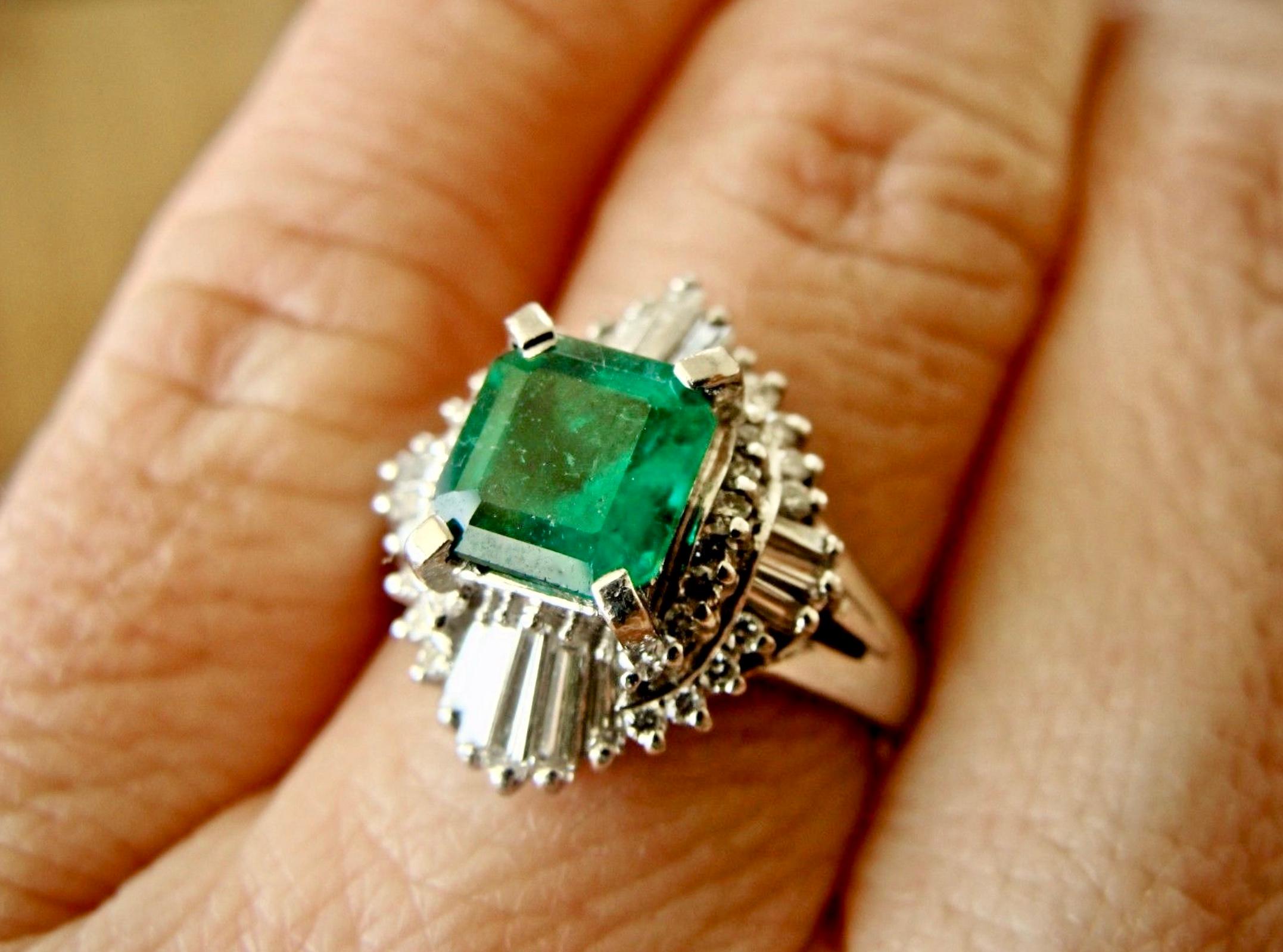 Antique Emerald Diamond Platinum Engagement Ring 4
