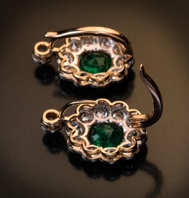 Antique Emerald Diamond Platinum Gold Earrings For Sale at