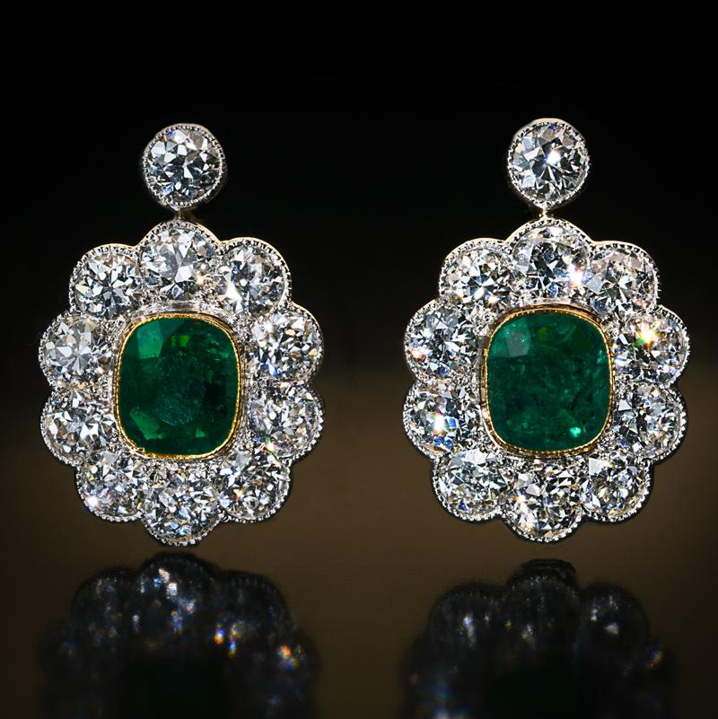 Edwardian Antique Emerald Diamond Platinum Gold Earrings