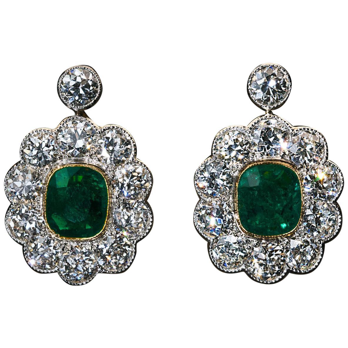 Antique Emerald Diamond Platinum Gold Earrings