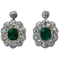 Antique Emerald Diamond Platinum Gold Earrings