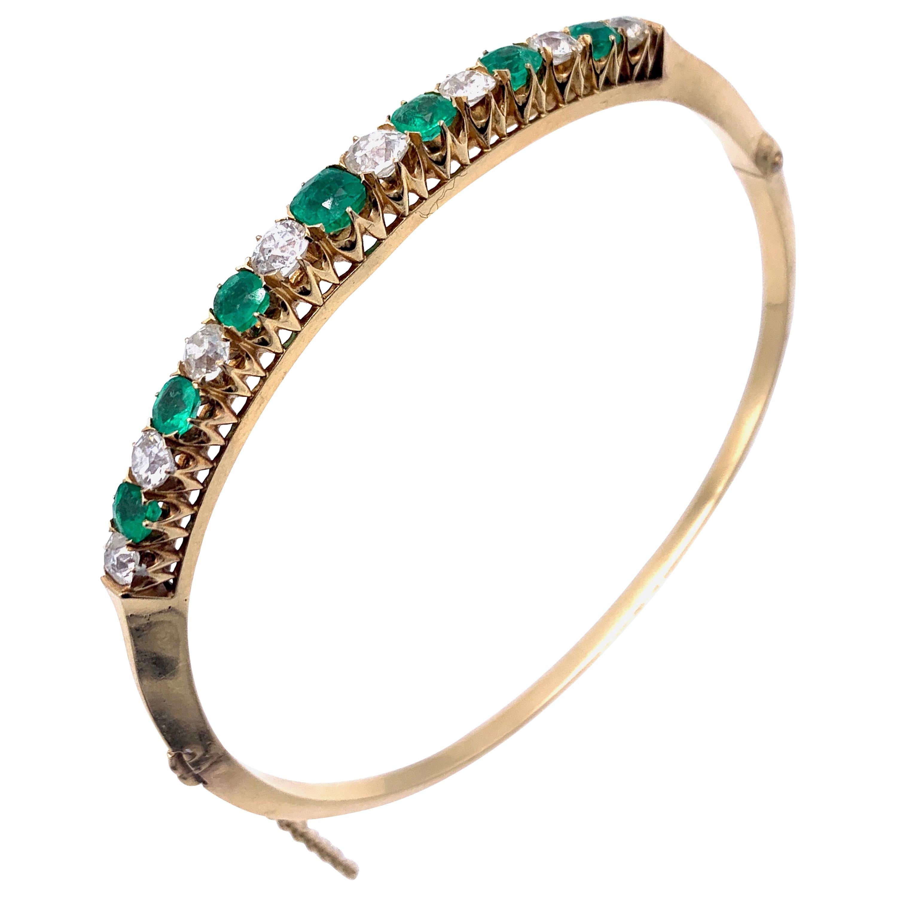 Antique Emerald Diamond Red Gold Bracelet For Sale