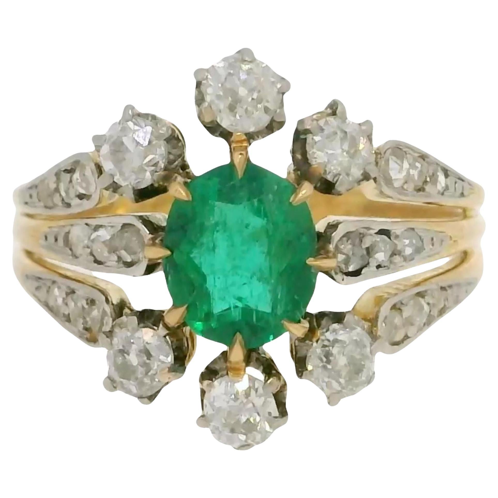 Antique Emerald Diamond Ring Edwardian Platinum Top 18K Yellow Gold F1 Emerald