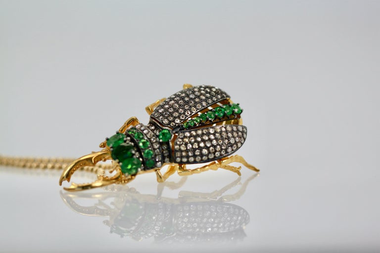 Oval Cut Antique Emerald Diamond Scarab Brooch Pendant For Sale