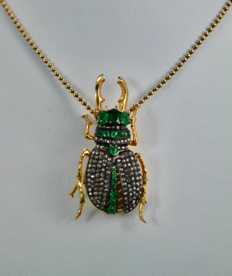 Antique Emerald Diamond Scarab Brooch Pendant In Good Condition For Sale In North Hollywood, CA