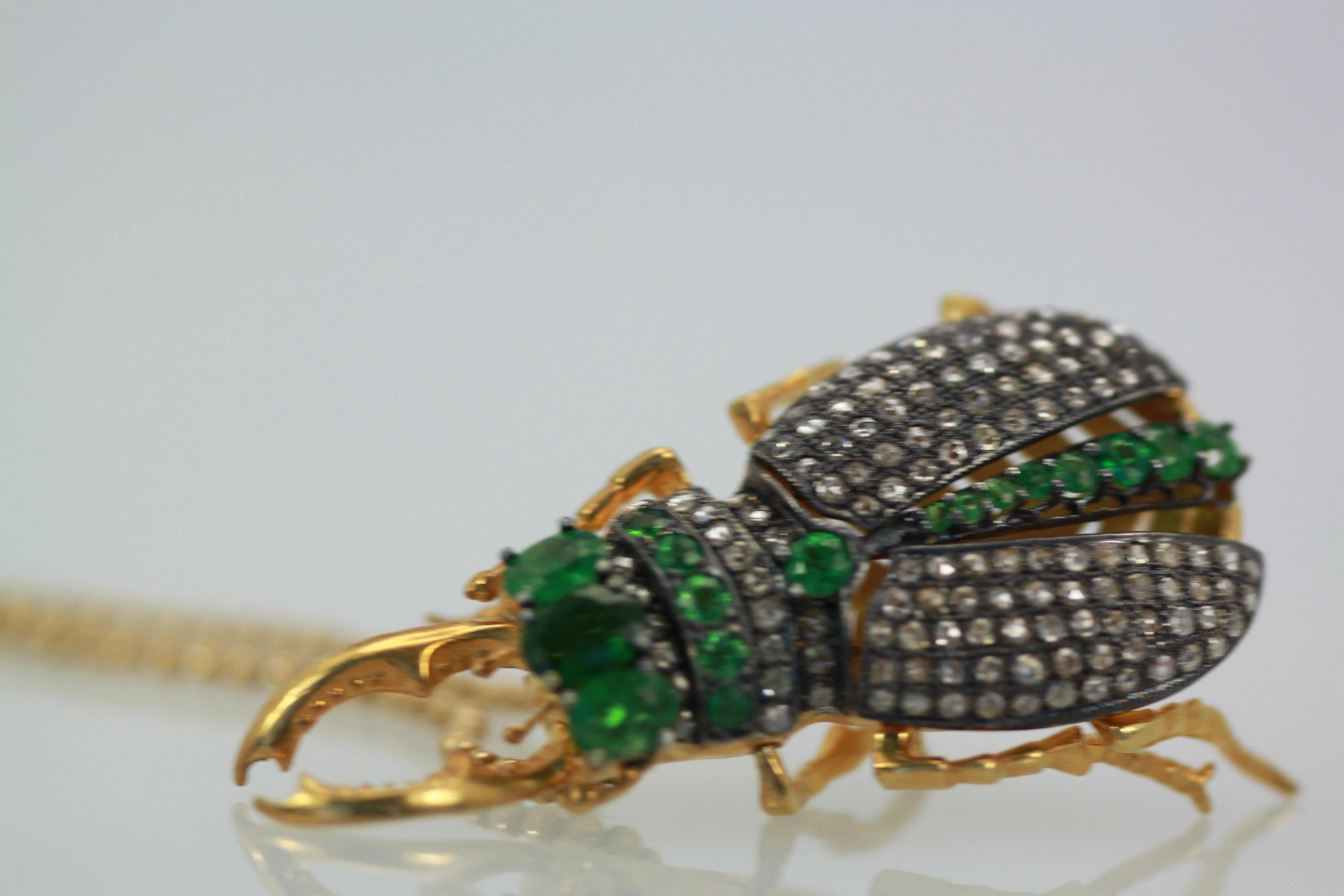 Artisan Antique Emerald Diamond Scarab Brooch Pendant