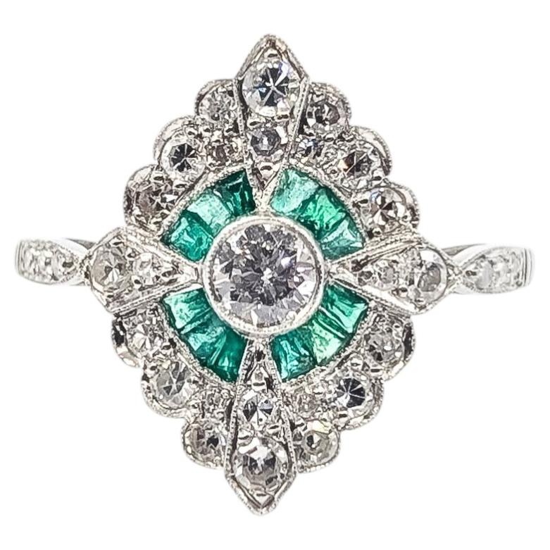 Antique Emerald & Diamond Shield Ring in Platinum