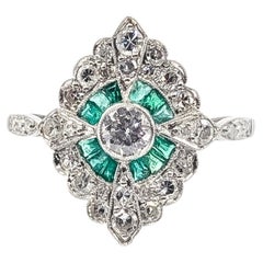 Antique Emerald & Diamond Shield Ring in Platinum