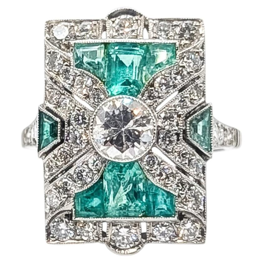 Antique Emerald & Diamond Shield Ring in Platinum
