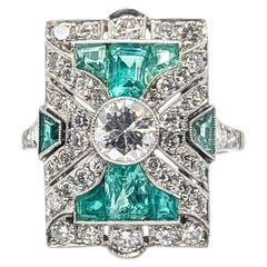 Antique Emerald & Diamond Shield Ring in Platinum