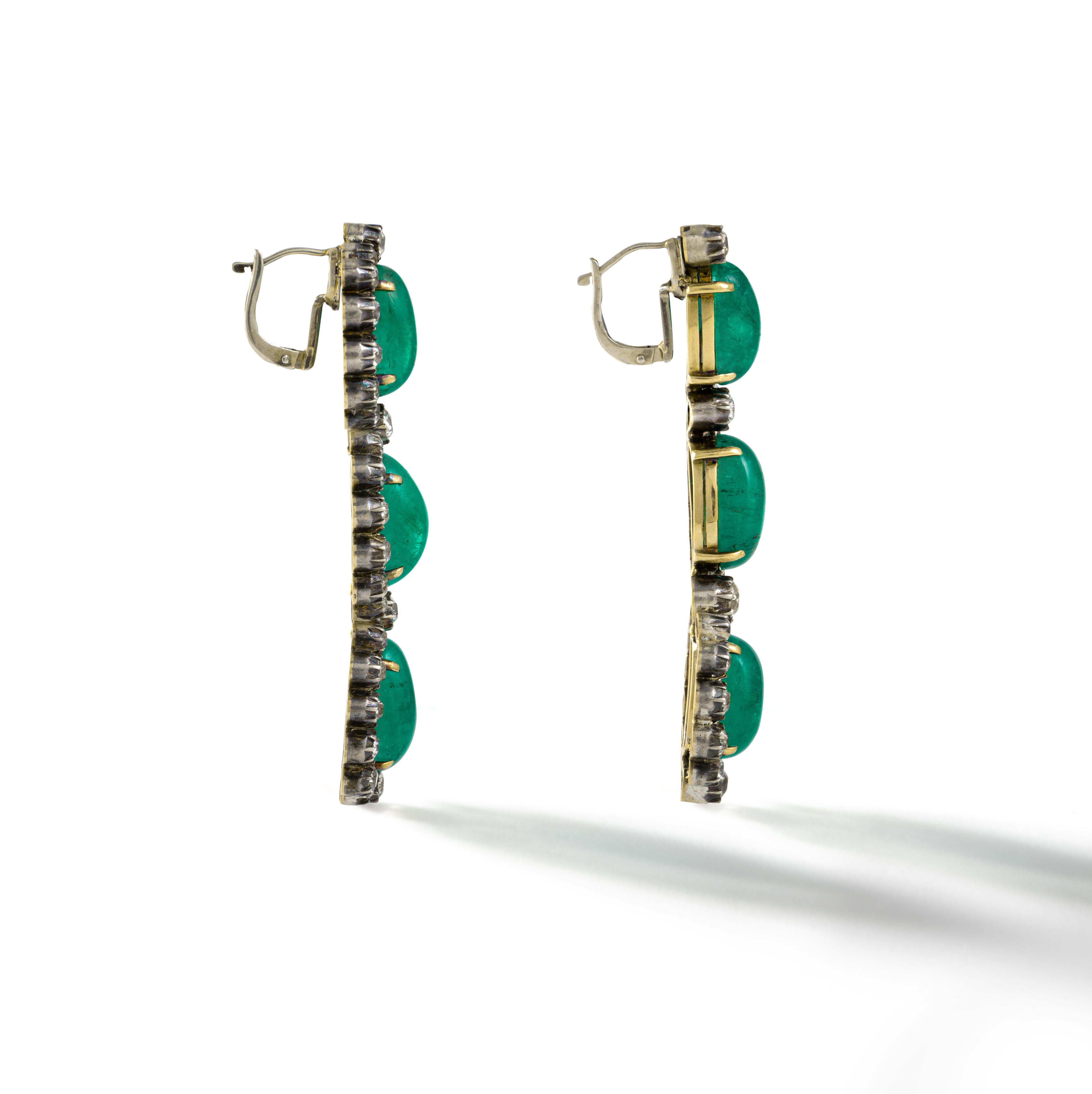 Cabochon Antique Emerald Diamond Silver and Gold Ear Pendants For Sale