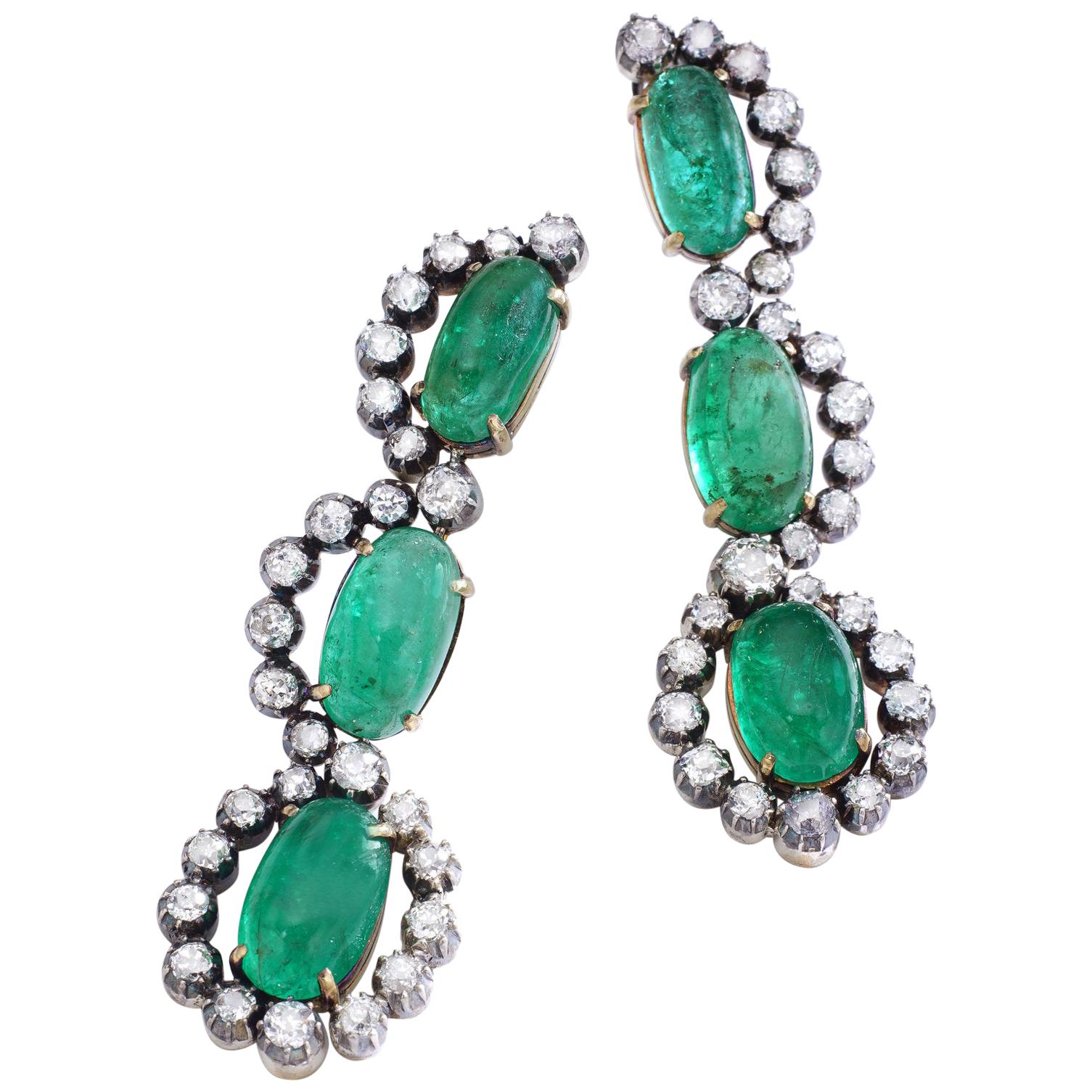 Antique Emerald Diamond Silver and Gold Ear Pendants