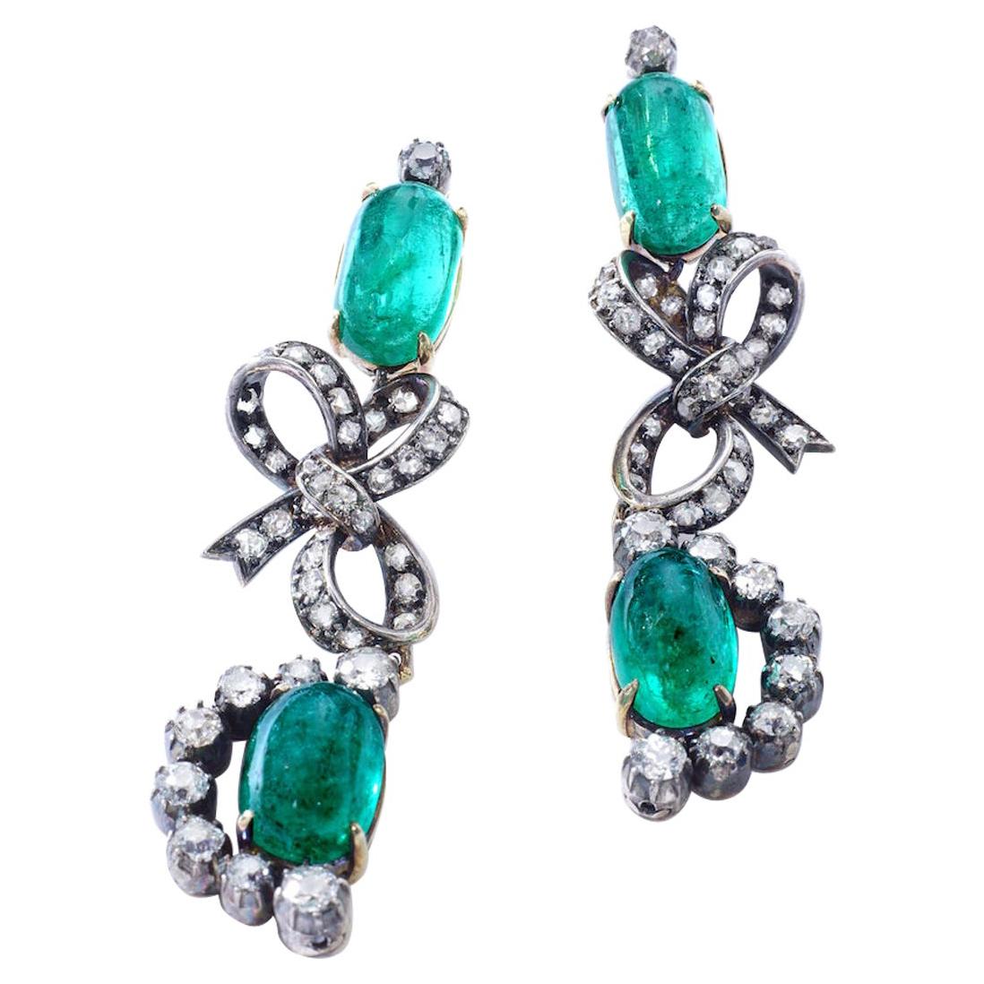 Antique Emerald Diamond Silver and Gold Ear Pendants
