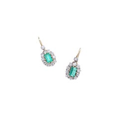 Antique Emerald Diamond Silver Gold Pair of Earrings