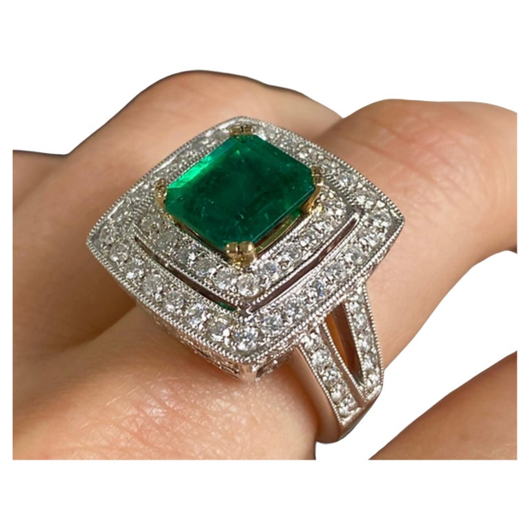 Customizable Antique Emerald Diamond White Gold Cocktail Ring, Vintage