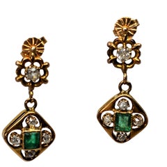 Antique Emerald Diamond Yellow Gold Drop Earrings