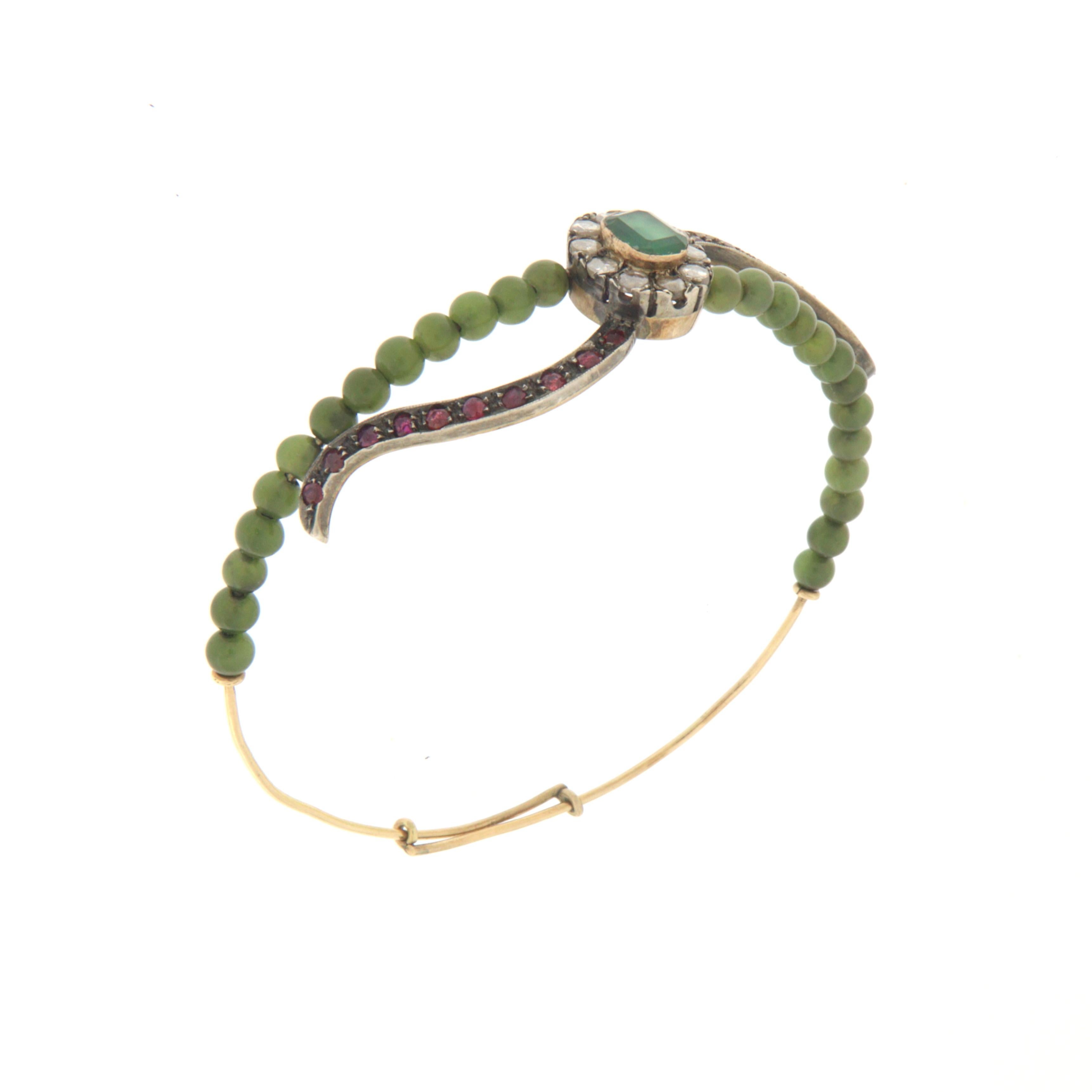 Women's Antique Emerald Diamonds Rubies 14 Karat Yellow Gold Bangles Bracelet For Sale