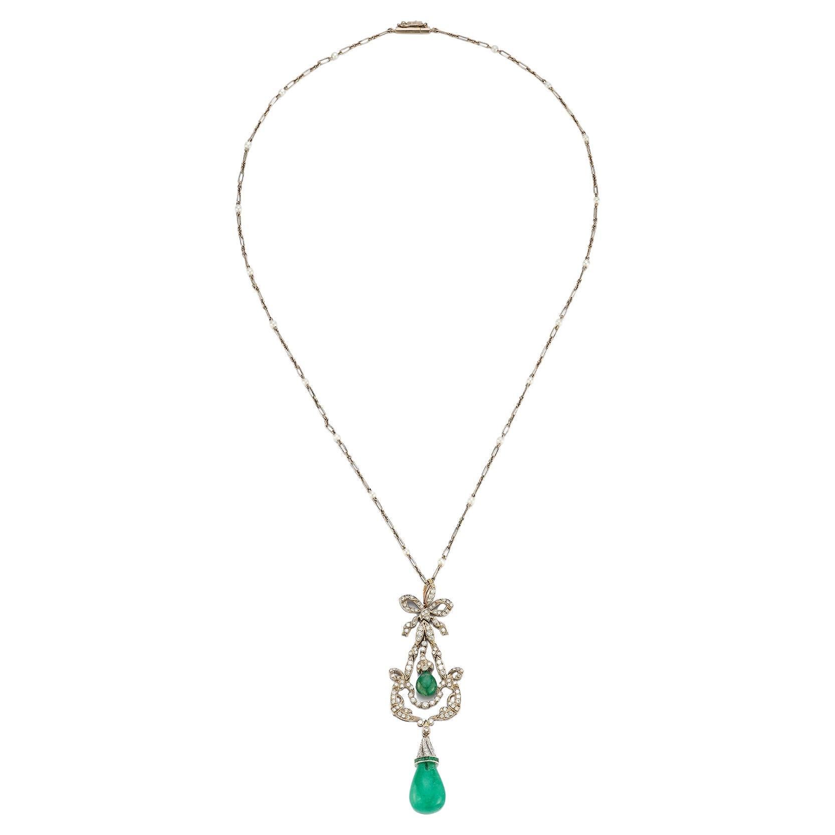 Antique Emerald Drop White Gold Pendant Necklace