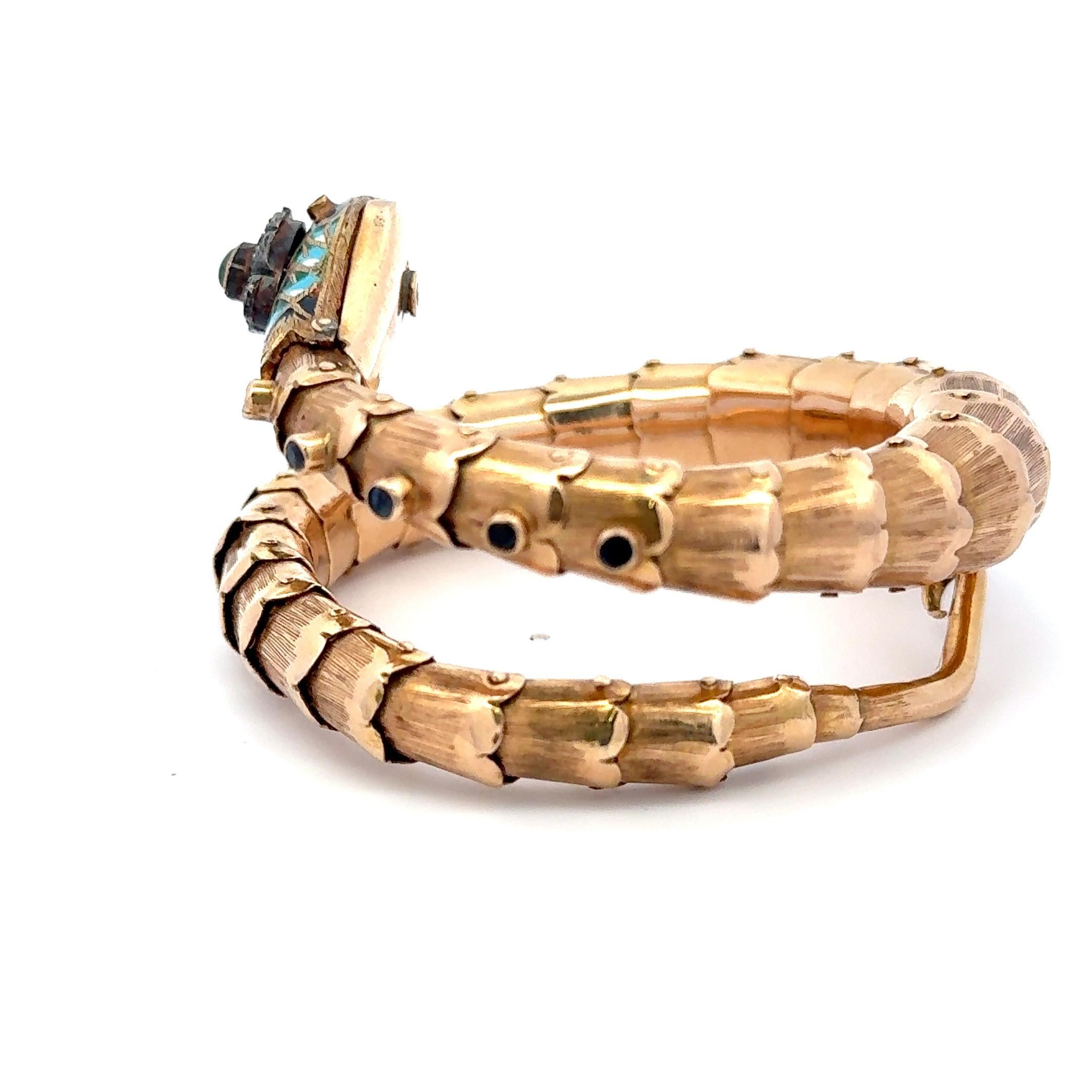 Art Nouveau Antique Emerald Enamel Diamond Snake Wrap Bracelet 45.1 Grams 18KT Yellow Gold