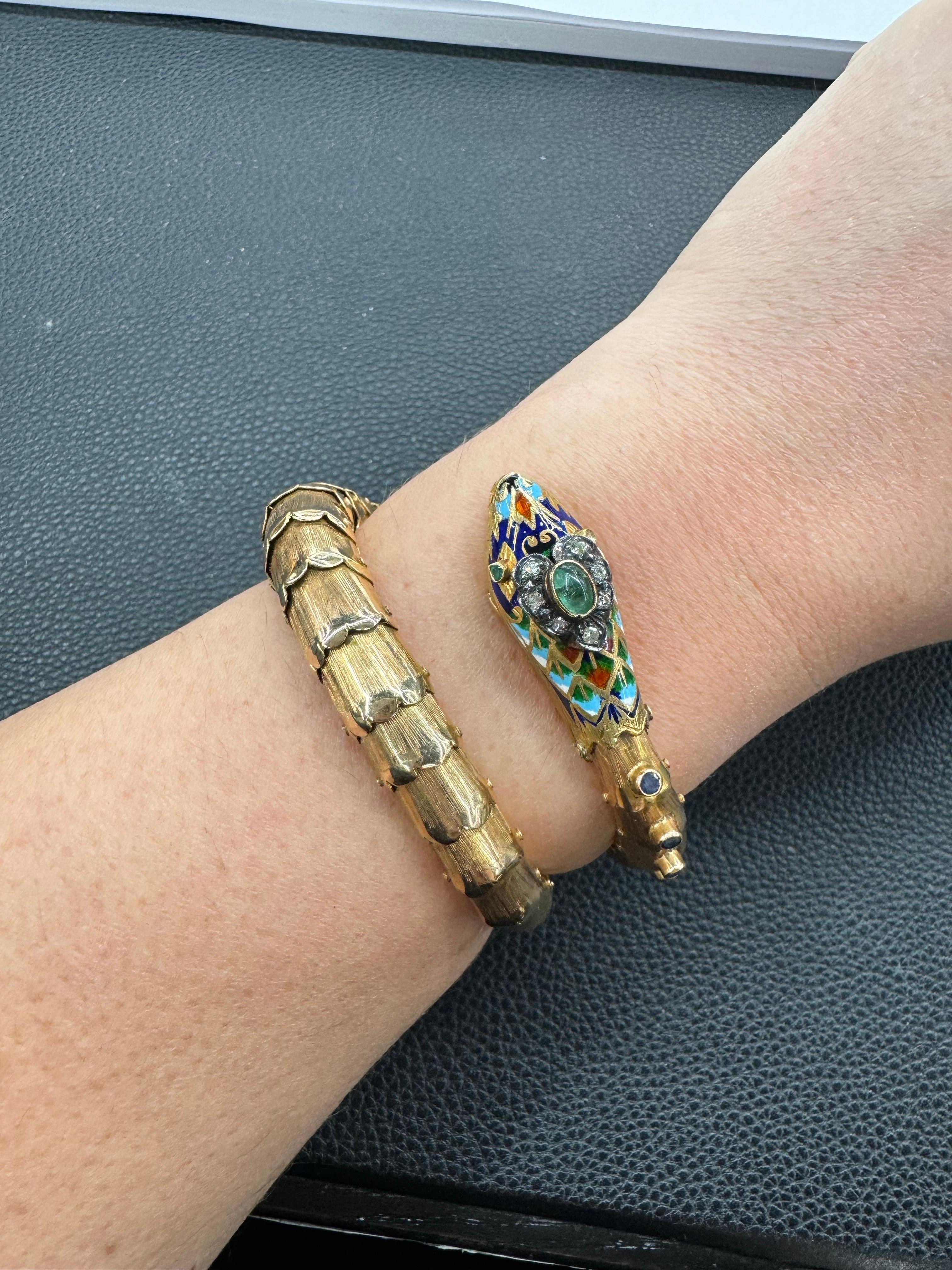 Emerald Cut Antique Emerald Enamel Diamond Snake Wrap Bracelet 45.1 Grams 18KT Yellow Gold