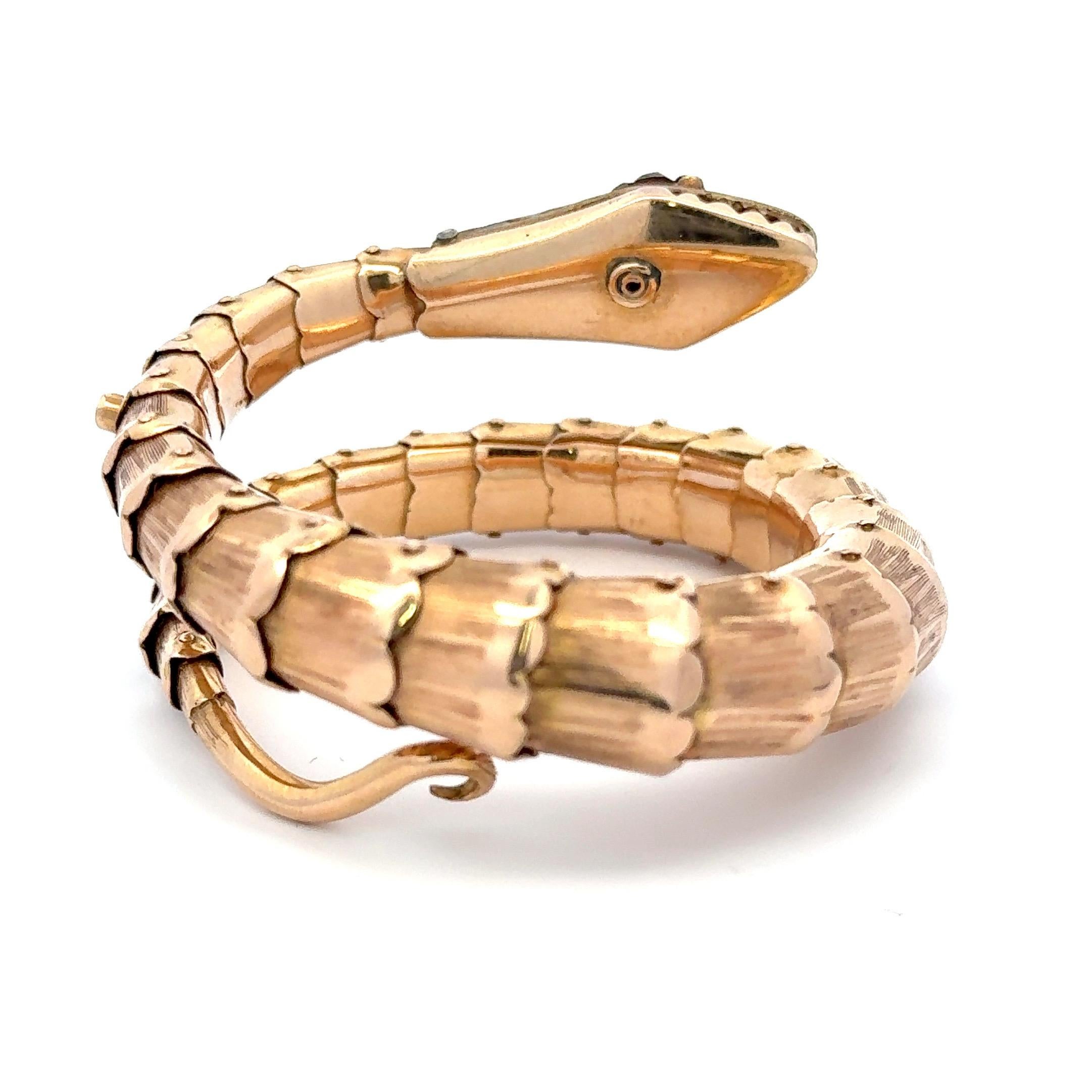 Antique Emerald Enamel Diamond Snake Wrap Bracelet 45.1 Grams 18KT Yellow Gold In Excellent Condition In New York, NY