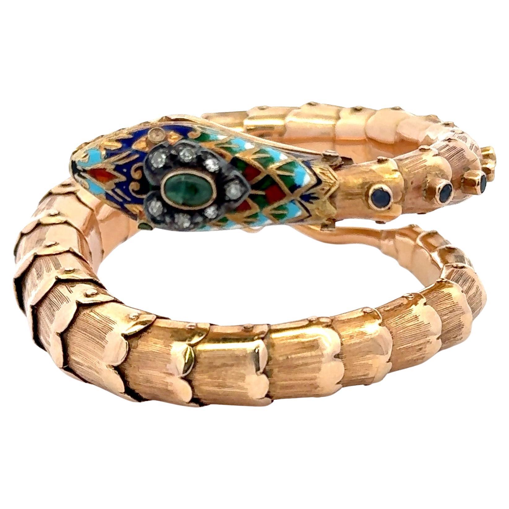 Antique Emerald Enamel Diamond Snake Wrap Bracelet 45.1 Grams 18KT Yellow Gold