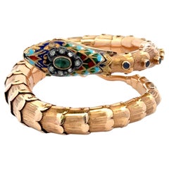 Antique Emerald Enamel Diamond Snake Wrap Bracelet 45.1 Grams 18KT Yellow Gold
