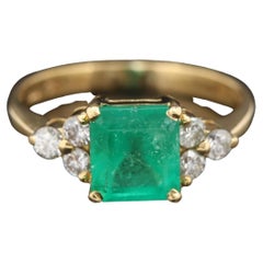 Antique Emerald Engagement Ring, Halo Vintage Diamonds Engagement Ring