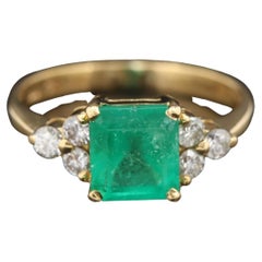Antique Emerald Engagement Ring, Halo Vintage Diamonds Engagement Ring