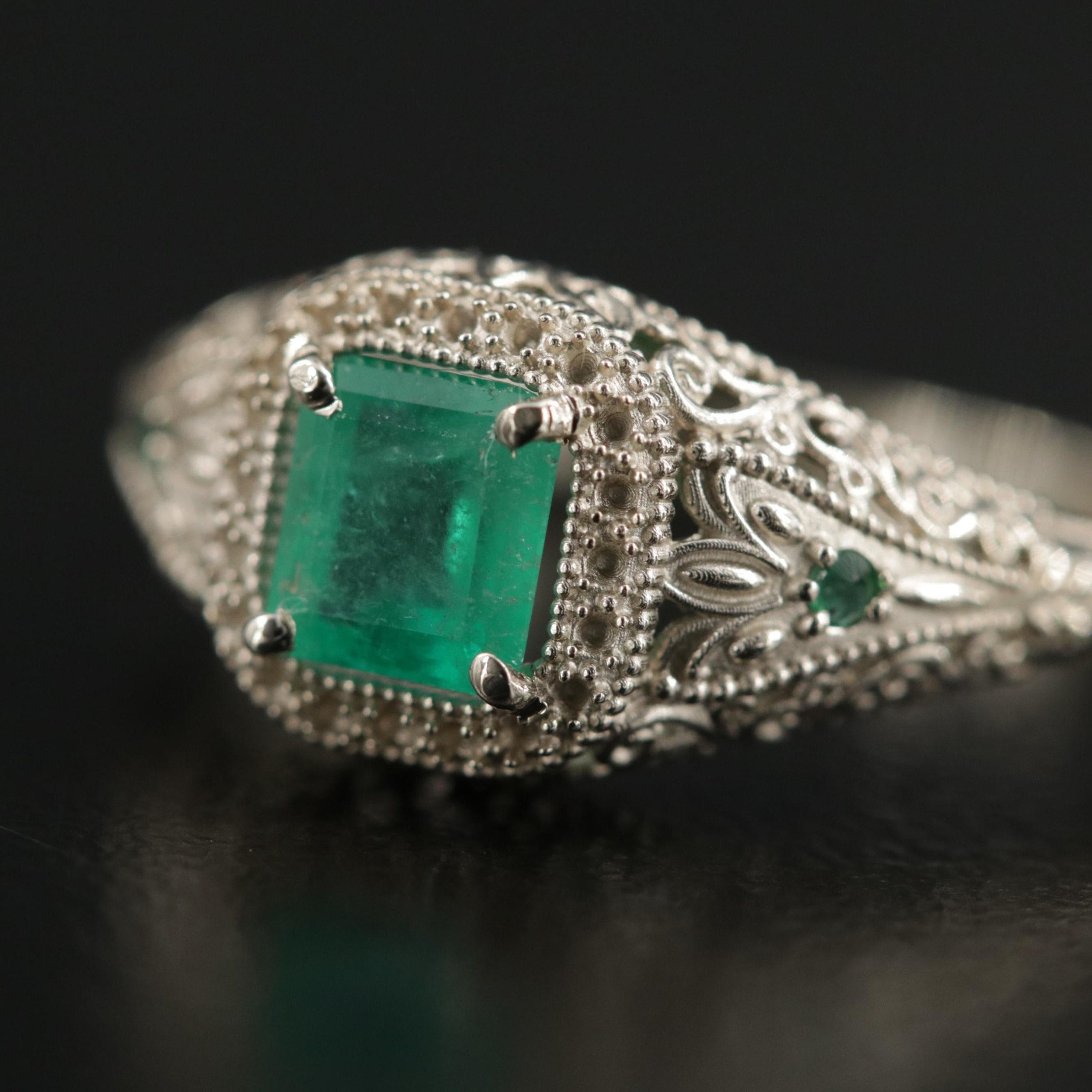 For Sale:  Antique Emerald Engagement Ring, Natural Emerald Wedding Ring 4