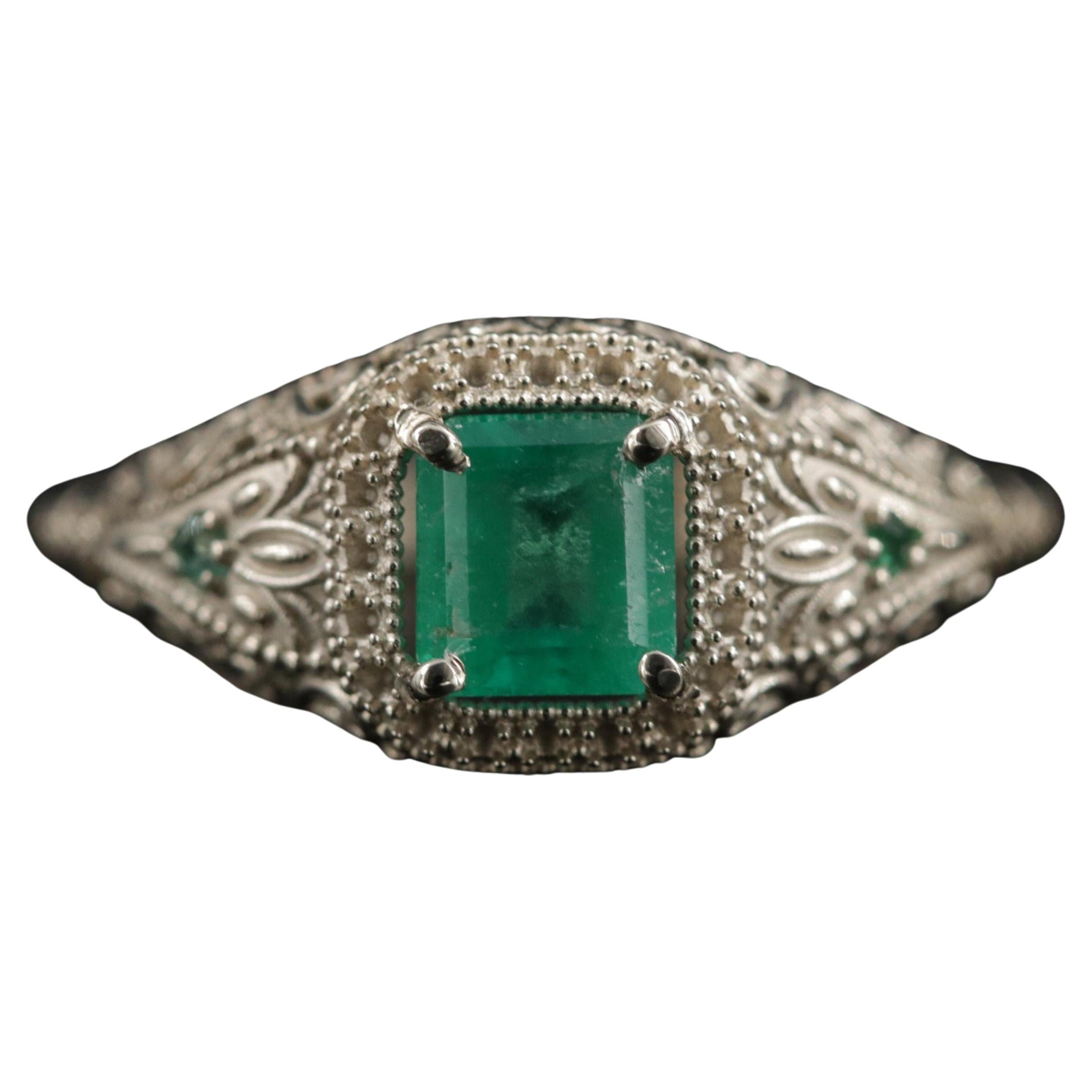 Antique Emerald Engagement Ring, Natural Emerald Wedding Ring