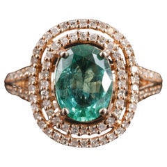 Antique Emerald Engagement Rings for Her, Double Halo Emerald Ring