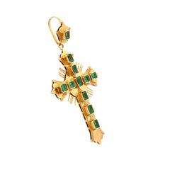 Antique Emerald Gemstone Gold Cross Pendant