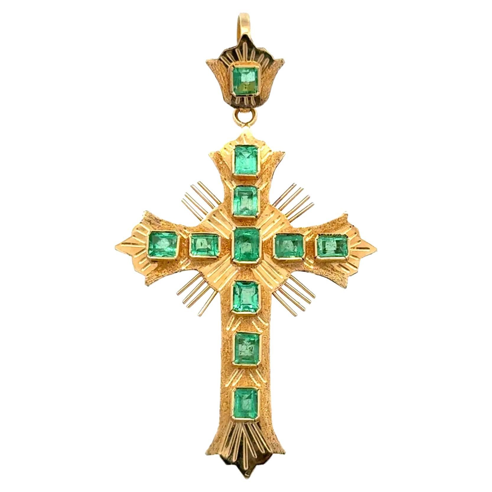 Antique Emerald Gemstone Gold Cross Pendant