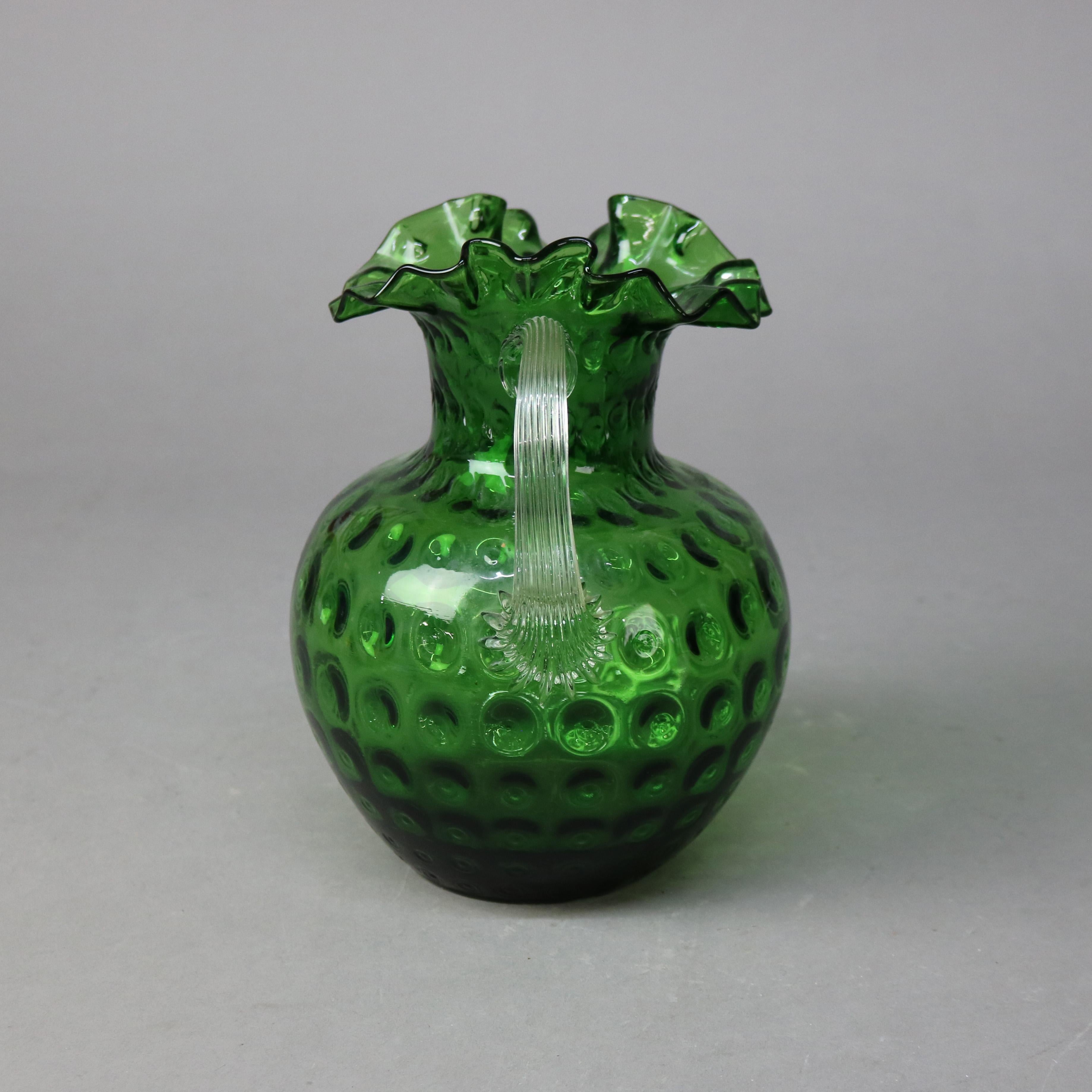 Antique pichet à eau cannelé vert émeraude avec motif de spot de monnaie C1890 Bon état - En vente à Big Flats, NY