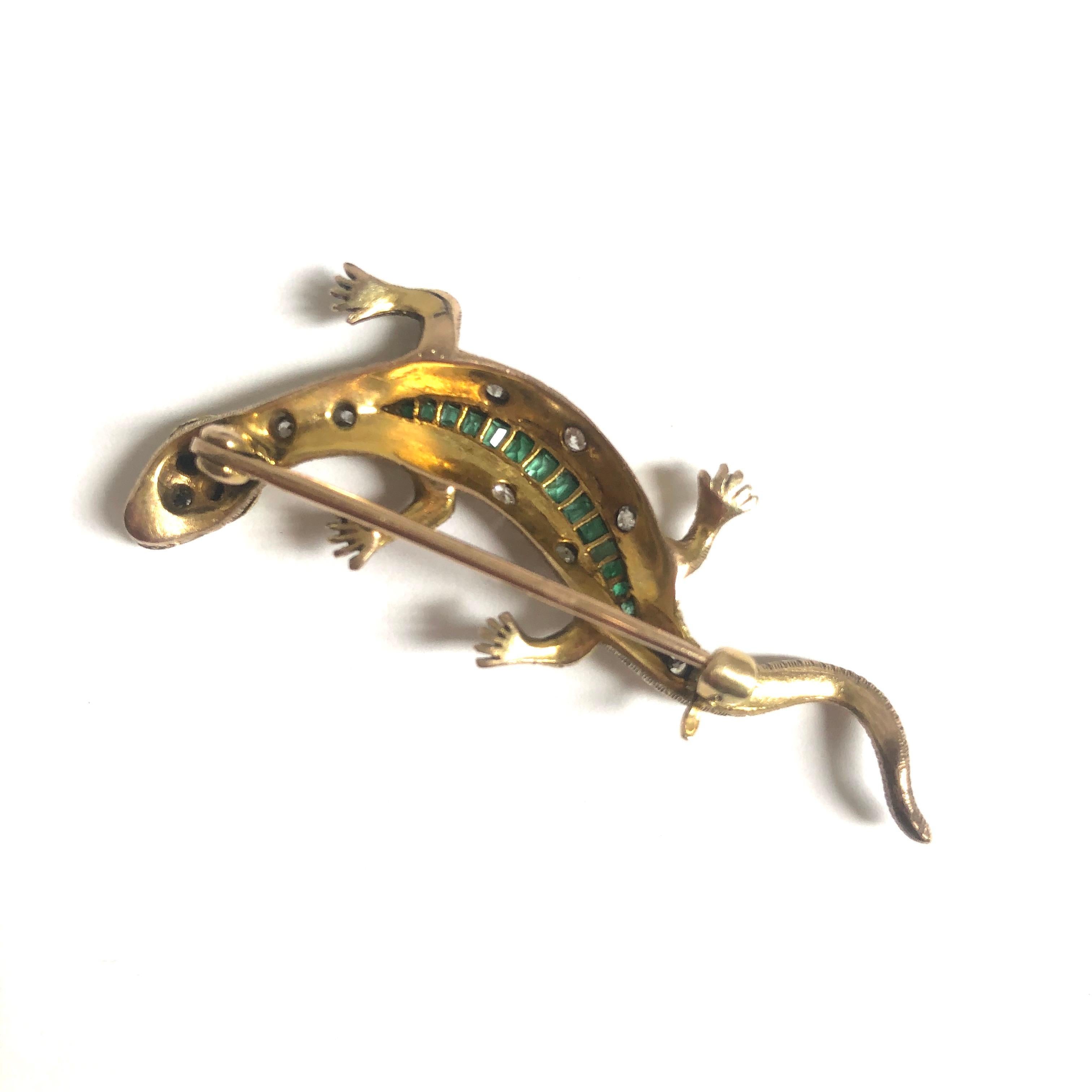 Emerald Cut Antique Emerald, Green Garnet and Diamond 15 Carat Gold Salamander Brooch
