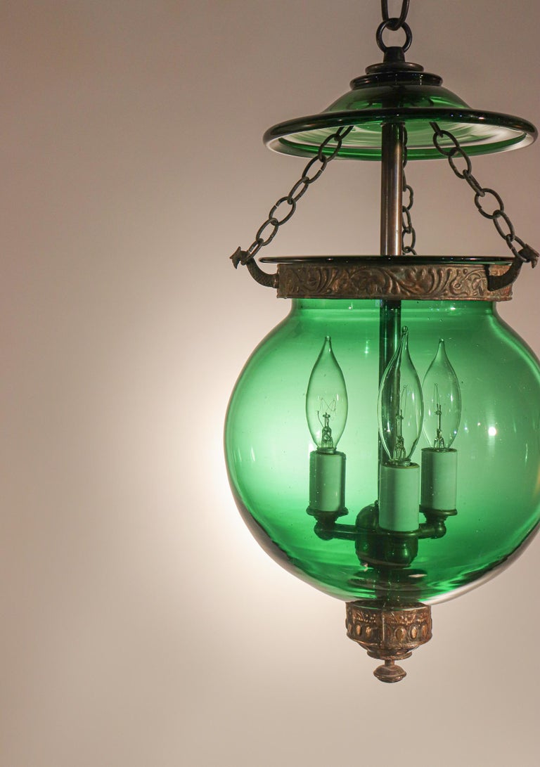 Victorian Antique Emerald Green Glass Globe Bell Jar Lantern
