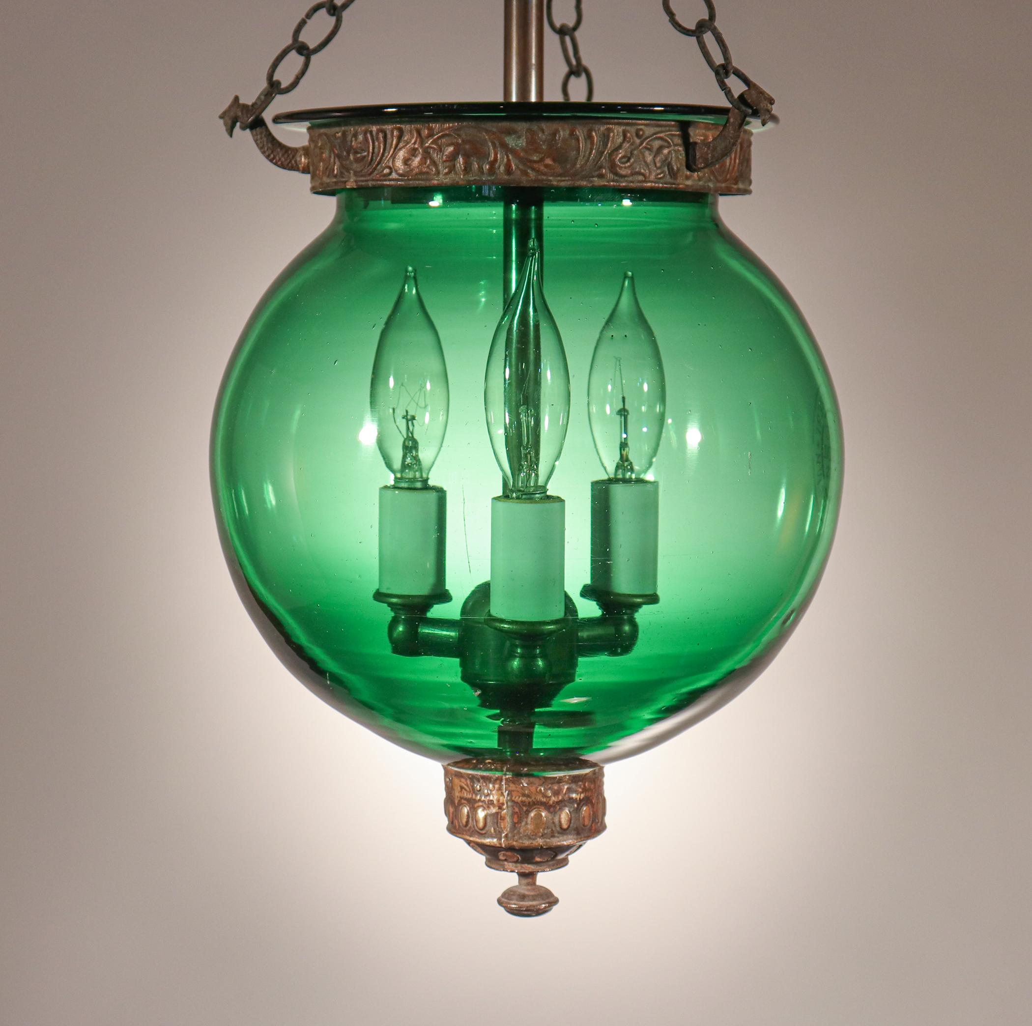 Belgian Antique Emerald Green Glass Globe Bell Jar Lantern