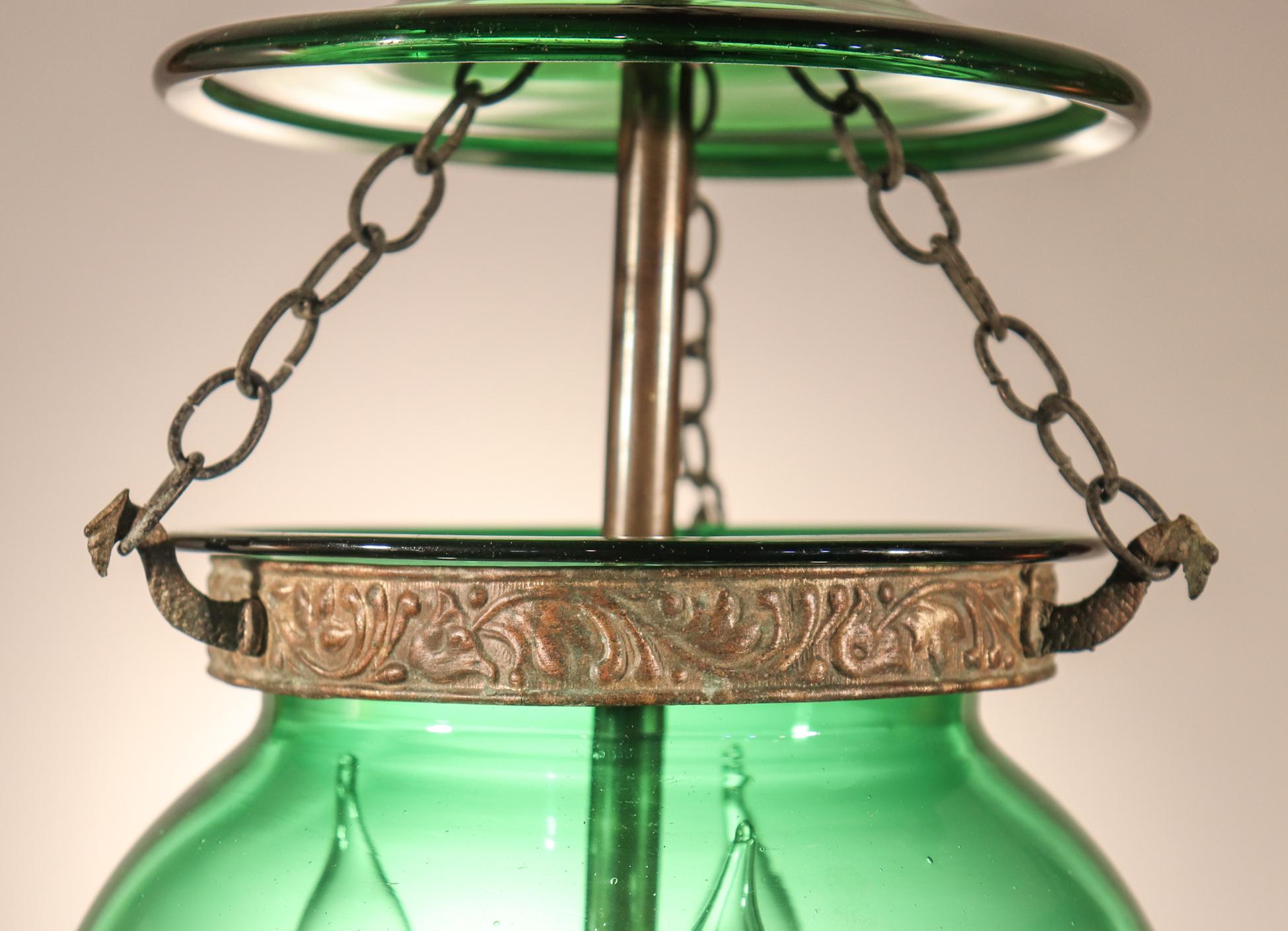 Embossed Antique Emerald Green Glass Globe Bell Jar Lantern