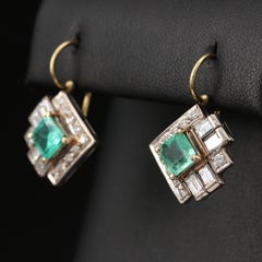 Antique Emerald Hoop Earrings, 18K Solid Gold Hoop Earrings with Drop Emerald
