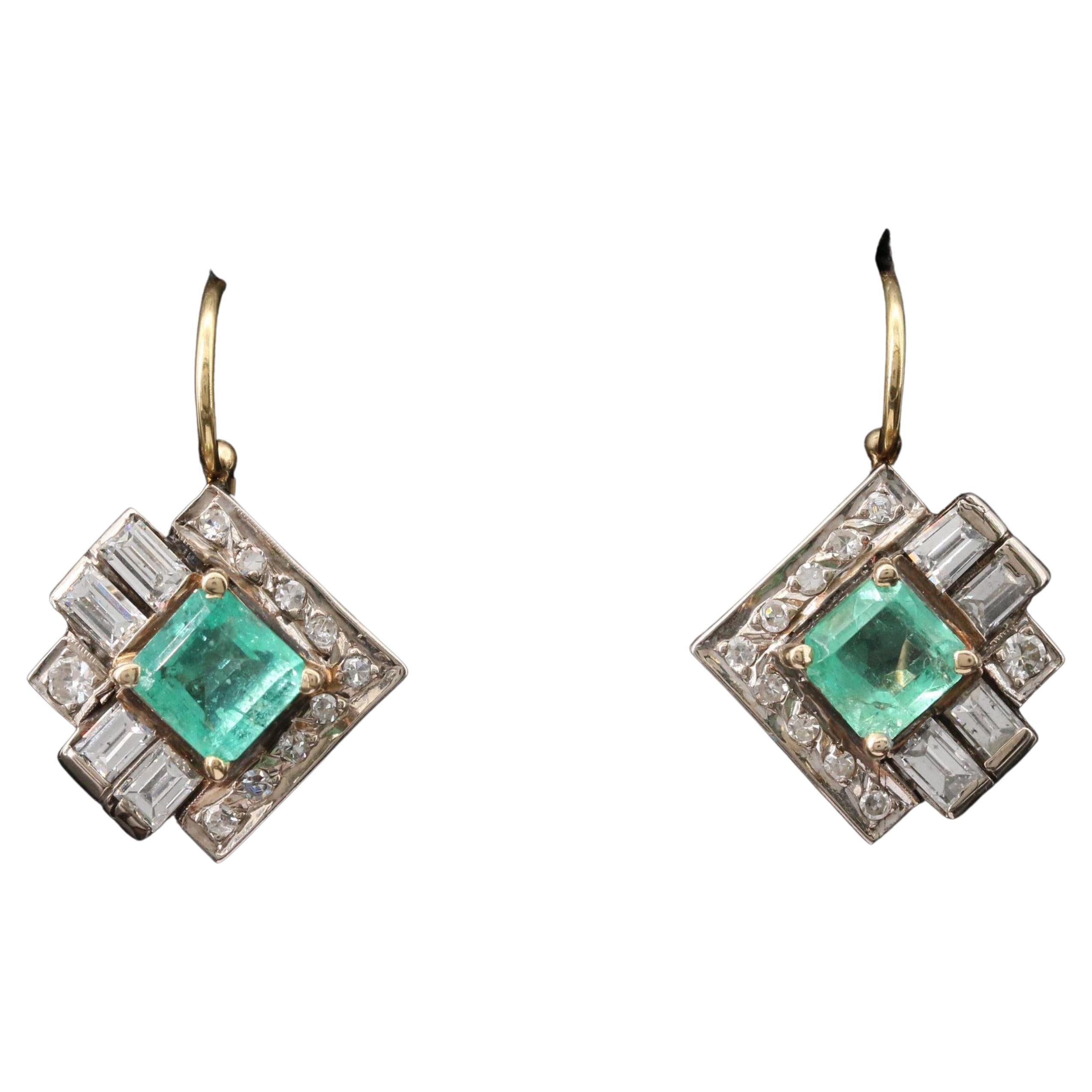 Antique Emerald Hoop Earrings, 18K Solid Gold Hoop Earrings with Drop Emerald For Sale