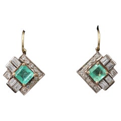 Antique Emerald Hoop Earrings, 18K Solid Gold Hoop Earrings with Drop Emerald