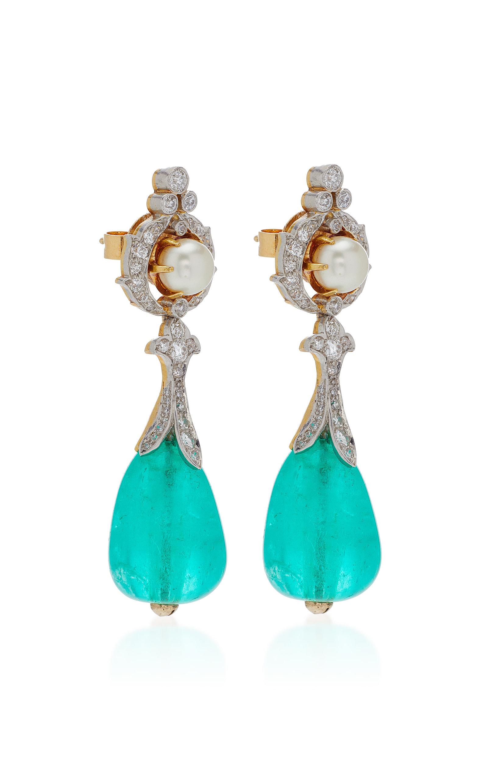 Antique Emerald Natural Pearl Diamonds Ear Pendants (Belle Époque)